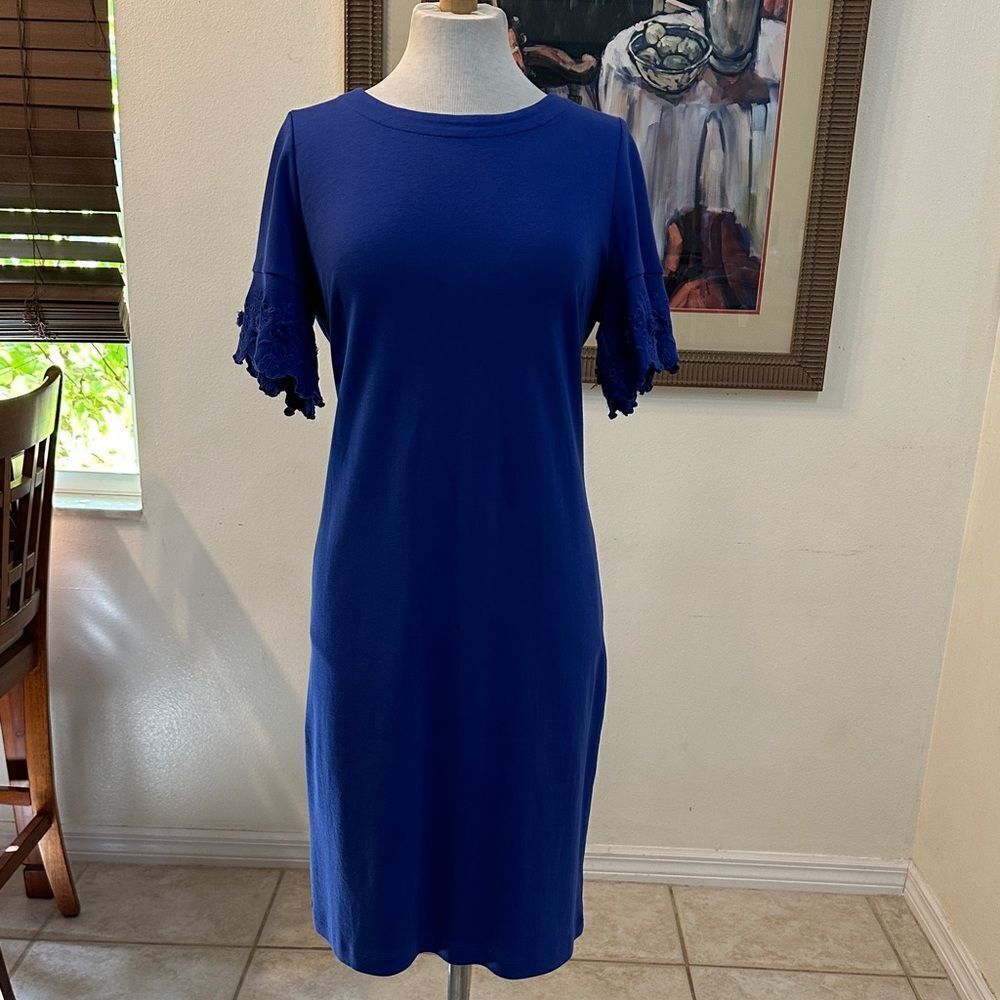TALBOTS Vibrant Blue Lace Sleeve Cotton Dress Size Large